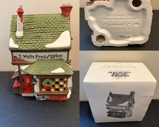 Dept. 56 Dickens Village Series T. Wells Fruit and Spice Shop Porcelain lighted House 1988