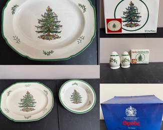 Spode Christmas Tree Serving Platters & Salt/Pepper Set