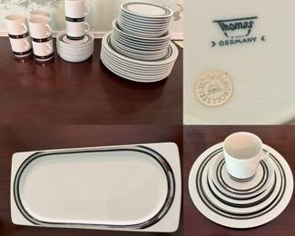 VINTAGE 1970'S Rare Hussar by Thomas Germany Black & Platinum Band dinnerware 5 pc place setting service for 8 & 14” Creamer/Sugar Tray