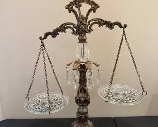 SOLD-Vintage Hollywood Regency Crystal Brass Balance Scale w/ 2 Crystal Brass Base