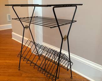 Vintage MCM Black Metal Record Album Player Stand Rack 45's LP w/Sunburst Design 