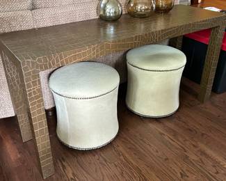 Custom round ottoman with hair on cowhide fabric, Edelman leather console ~