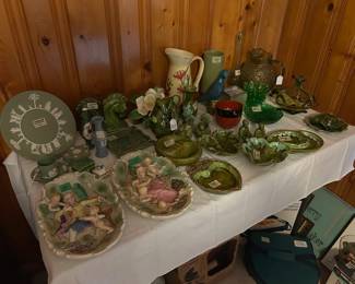 lovely selection of green potter, glass, decor