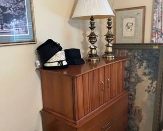 MCM chest, lamps, vintage hats, frames