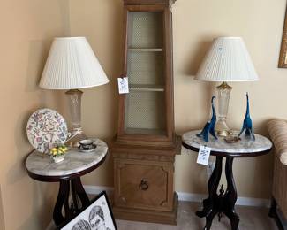 curio, marble topped tables, lamps