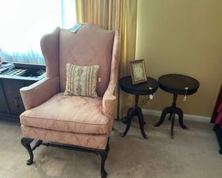 Hickory wingback chairs (2), beautiful upholstery, side tables