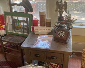 More vintage items sitting upon a wood side table