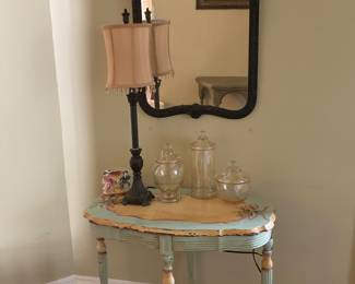 Beautiful vintage painted table and mirror. Vintage set of 3 etched apothecary jars with lids.