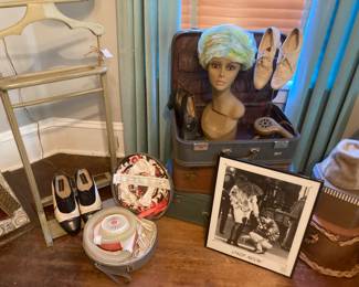 Vintage hats, suitcases, blow dryers and swivel manaquin head