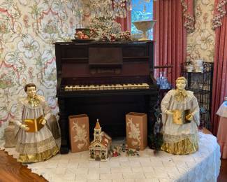 Vintage Department 51 carolers and antique Schoenhut child’s piano. Pair of Weller Pottery vases. 
