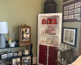 Vintage wooden corner cabinet, vintage oak hanging shaving cabinet, vintage bottles including Pyrex pharmacy lab glass beakers/flasks
