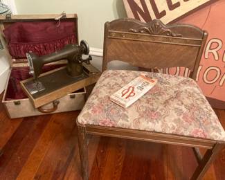 Vintage sewing machine in convenient tote suitcase and art deco vanity stool