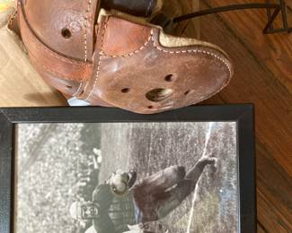 Leather helmet circa 1930's-40's and nicely framed print of Red Grange turning the corner in 1925 - nicknamed "The Galloping Ghost"