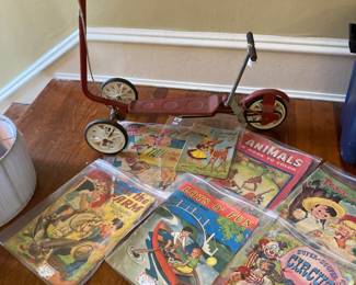 1974-76 Honda Kick-N-Go scooter and vintage 1940-1950’s LARGE coloring books ((beautiful covers)