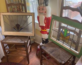 Stained glass snd pair of matching vintage chairs