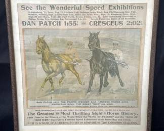Framed advertisement Speed Exhibitions of Champion Harness Racing Stallions Dan Patch and Cresceus in various cities during 1901
