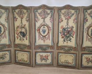 Antique hand painted canvas and wood five panel screen