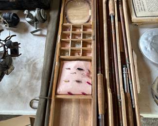 Antique fly fishing rod, with lures and case