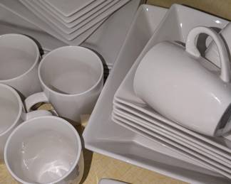 30 piece white, square, simple dish set made by, 10 Strawberry Street.