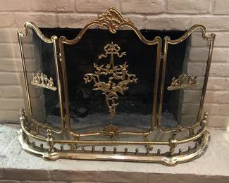 Louis XVI style brass and black mesh fireplace screen