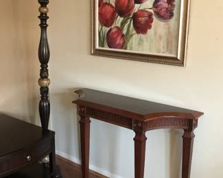 Vintage Bombay Furniture Co. console table; great looking floor lamps and framed artwork