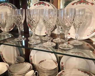 Fabulous collection of cut glass, crystal, china and tableware including this wonderful set of Christmas pattern dinnerware