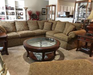 Beautifully upholstered Bassett sectional sofa with over-sized ottoman; Hooker coffee table and lamp tables