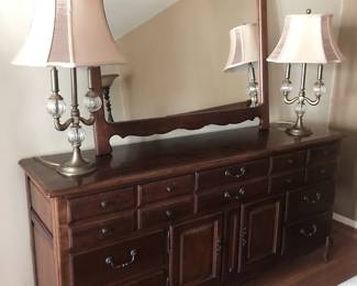 Vintage mahogany finish double dresser with mirror