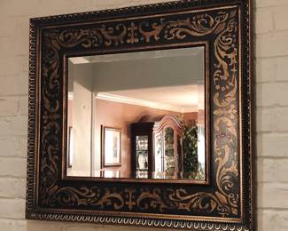 Over-mantel beveled mirror with decorative inlaid frame