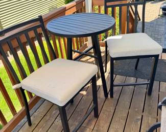 62 OutdoorBarTableSetw2CushionedChairsBlackMetalFrame