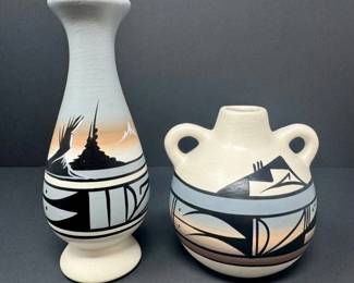 17 NativeAmericanSignedPotteryVasesSunsetMountainScenes