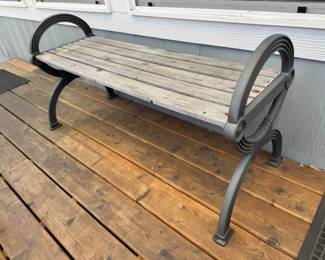61 VintageStyleOutdoorWoodenBenchwCurvedMetalScrollArms