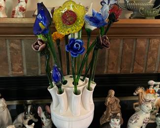 Glass flowers with flower frog vase