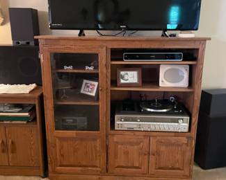 entertainment center, flat screen, 8 track player w/record player