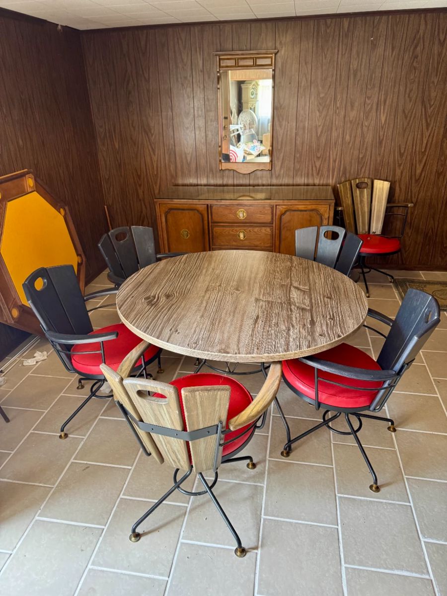Mid Century Barrel Chair and Table Set Buffet Poker Top Table Mirror