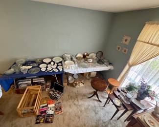 Peaches Crate, Vinyl Albums and Cassettes, Milk Glass, China, Crystal Mid Century Nesting Tables, Antique Round Table, Round Wooden Plant Stand, Lots of very nice Glass Serving Pieces