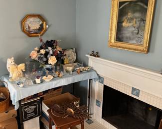 Wooden Table with Shelf, Antique Gold Framed Art, Marble Book Ends, Vintage Perfume Decanters, Lots of Decorative Pieces