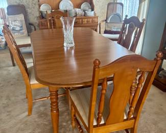 Broyhill Dining Room Table and 4 Chair Set Flanders 2 Piece China Cabinet with Shelves 35 Piece Crystal Thumbprint Stemware Sakura Classic Gold 12 Serving 5 Piece Set 2 Cane Back Captain Chairs