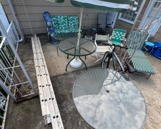 Glass Round Picnic Tables one with Umbrella and Stand Mid Century Bamboo Lounger with Green Striped Cushion Snowboard Outdoor Love Seat with Pads Glass Outdoor Coffee Table Directors Chair Bike Plant Stands