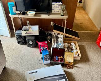 32 " Visio Flat Screen, 38" Element Flat Screen, Wall TV Mount new in box, Bose Solo, Echo, Vintage Sony Sound System, Vtech Cordless Phone, Clarify Clarity Phone, Jewelry and Collectibles, Dog Ramp, Vintage Acrylic Vase,