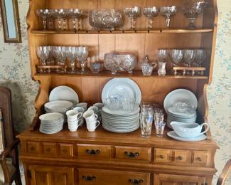 Flanders 2 Piece China Cabinet with Shelves 35 Piece Crystal Thumbprint Stemware Sakura Classic Gold 12 Serving 5 Piece Set 2 Cane Back Captain Chairs