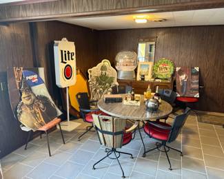 Mid Century Barrel Chair and Table Set Vintage Beer Signs Pepsi Sign Vintage Poker Top Table Buffet