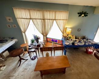 Coffee Table, End Tables, Lamps, Antique Round Table, Vintage McDonalds Sign, Lots of Glassware