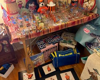 Disney Animator Leo Salkin A&W Signed Prints Collection of A&W Items Thermos Serving Tray Glasses Mugs Pins Folders Dunkin Thermos Lots of Beer Glasses Vintage Trays Tins St. Louis Rams Duffle Bag Vintage Six Flags Oar