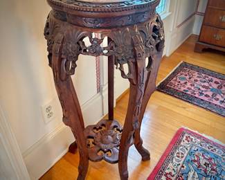 Vintage Chinese carved plant stand with marble top