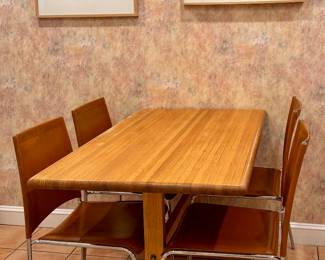 Butcher Block Table & (4) Leather Chairs