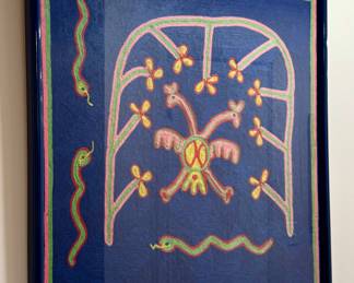 Framed Huichol yarn painting, traditional art form of the Huichol (Wixarika) people of Mexico