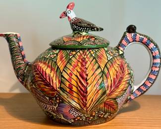 Ardmore Designs, Vintage Teapot feat. Bird Finial and Brightly Colored Leaves - Painted by Ottilia Nxumalo, Pot made by Elizabeth