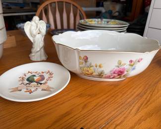 Vintage ceramic tableware - White floral serving bowl and decorative plate with small ceramic angel figurine