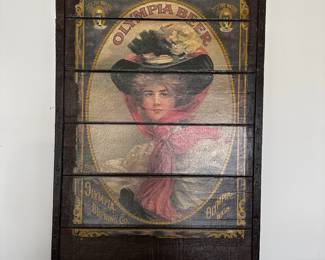 Vintage wooden wall art with Victorian woman portrait.